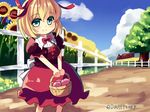  apple bad_id bad_pixiv_id basket blonde_hair blue_sky blush bow carrying cloud day douji fence flower food fruit garden_of_the_sun grass green_eyes ground hair_ribbon house looking_at_viewer medicine_melancholy outdoors path picket_fence puffy_short_sleeves puffy_sleeves purple_shirt red_skirt ribbon ribbon-trimmed_clothes ribbon_trim road shirt short_hair short_sleeves skirt sky smile solo standing sunflower touhou tree twitter_username vanishing_point wooden_fence 