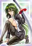  artist_name bad_id bad_pixiv_id black_footwear black_legwear blush breasts brown_eyes cleavage green_hair hair_between_eyes infinite_stratos large_breasts long_hair marker_(medium) navel open_clothes open_mouth orimura_chifuyu pantyhose pastel_(medium) shoes solo sword takecha traditional_media very_long_hair weapon 