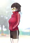  ass bike_shorts black_shorts braid breasts brown_eyes brown_hair commentary_request cowboy_shot double_vertical_stripe flat_ass french_braid glasses hands_in_pockets high_collar highres jacket large_breasts long_sleeves original pale_skin profile shiny shiny_hair short_hair shorts solo standing thighs track_jacket track_suit ueyama_michirou yellow-framed_eyewear 