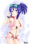  amakusa_shio blue_eyes bow breasts cuffs food hair_bow hip_vent kunihiro_hajime looking_at_viewer nipples no_bra no_panties ponytail popsicle pussy revealing_clothes saki shackles small_breasts solo 
