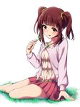  absurdres arm_support blush brown_eyes brown_hair clover four-leaf_clover grass highres idolmaster idolmaster_cinderella_girls ogata_chieri rariemonn sitting smile solo twintails 