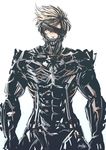  absurdres blonde_hair cowboy_shot cyborg eyepatch highres looking_at_viewer male_focus metal_gear_(series) metal_gear_rising:_revengeance raiden red_eyes scull signature simple_background solo white_background 