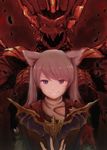  animal_ears bangs book brown_hair cat_ears commentary_request dragon facial_tattoo final_fantasy final_fantasy_xiv heterochromia highres holding holding_book ifrit_(final_fantasy) long_hair long_sleeves looking_at_viewer mamehara miqo'te red smile smirk summoner_(final_fantasy) swept_bangs tattoo 