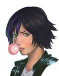  absurdres big_hero_6 black_hair bubble_blowing chewing_gum disney face gogo_tomago grey_eyes highres multicolored_hair purple_hair short_hair solo tetsuo_(huvac-akiro) two-tone_hair 