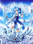  blue_dress blue_eyes blue_hair bow cirno dress dress_shirt full_body hair_bow highres ice ice_crystal ice_wings kneehighs mary_janes nsio puffy_short_sleeves puffy_sleeves red_ribbon ribbon shirt shoes short_hair short_sleeves smile solo touhou wings 