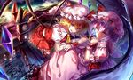  ascot bat bat_wings blonde_hair clock clock_tower dress flandre_scarlet hat hat_ribbon looking_at_viewer mob_cap multiple_girls night pink_dress puffy_short_sleeves puffy_sleeves purple_hair red_eyes remilia_scarlet ribbon scarlet_devil_mansion shirt short_sleeves siblings sisters skirt skirt_set touhou tower uu_uu_zan vest wings wrist_cuffs 