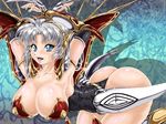  1girl armor ass blue_eyes blush breasts claws cleavage esitoyo faulds huge_ass huge_breasts langrisser leaning leaning_forward leotard open_mouth shadow sherry_(langrisser) shiny shiny_hair shiny_skin short_hair silver_hair smile solo thong thong_leotard 