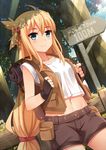  ahoge backpack bag blonde_hair collarbone crop_top crop_top_overhang day fence long_hair looking_at_viewer low-tied_long_hair midriff mmrailgun nature navel original outdoors road_sign shirt shorts sign smile solo tree vest white_shirt 