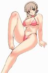  bare_shoulders bikini breasts brown_hair covered_nipples large_breasts non-web_source original pink_bikini red_eyes short_hair simple_background sitting solo swimsuit uchiu_kazuma white_background 