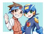  blue_hair brown_eyes brown_hair clenched_hand green_eyes grin haruka_(sunkitty) headband helmet hikari_netto male_focus multiple_boys rockman rockman_exe rockman_exe_(character) smile upper_body vest 