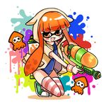  blush_stickers domino_mask fang holding hood hoodie ink_tank_(splatoon) inkling jacket kneeling long_hair looking_at_viewer mask open_clothes open_jacket open_mouth orange_eyes orange_hair paint_splatter school_swimsuit shiodome_oji shoes smile sneakers solo splatoon_(series) splatoon_1 splattershot_(splatoon) squid striped striped_legwear super_soaker swimsuit tentacle_hair thighhighs wristband 