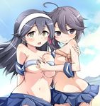  akebono_(kantai_collection) ass bandeau bare_shoulders blush breasts fang groin hairband kantai_collection large_breasts looking_at_viewer microskirt miyamaru multiple_girls navel open_mouth purple_eyes purple_hair skirt small_breasts smile strapless ushio_(kantai_collection) yellow_eyes 