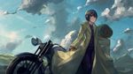  bad_id bad_pixiv_id bedroll black_hair blue_eyes brown_gloves cloud day gloves ground_vehicle hermes highres hisui_hitomi jacket kino kino_no_tabi motor_vehicle motorcycle solo 