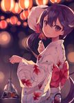  akebono_(kantai_collection) bag bagged_fish bell cotton_candy fish flower goldfish hair_bell hair_flower hair_ornament japanese_clothes jingle_bell kantai_collection kimono lantern long_hair looking_back purple_eyes shugao side_ponytail smile solo very_long_hair yukata 