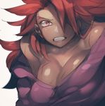  breasts cleavage clenched_teeth dark_skin hair_over_one_eye kagemitsu_ryuuko large_breasts long_hair looking_at_viewer norasame_(dagako) red_eyes red_hair scar shinken!! simple_background solo teeth white_background 