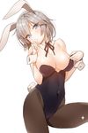  anastasia_(idolmaster) animal_ears black_legwear blue_eyes breasts bunny_ears bunny_tail bunnysuit cleavage covered_navel detached_collar idolmaster idolmaster_cinderella_girls large_breasts mx2j_(nsh6394) pantyhose short_hair silver_hair simple_background sketch solo tail white_background wrist_cuffs 