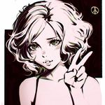  blush face greyscale ilya_kuvshinov lips looking_at_viewer metal_gear_(series) metal_gear_solid monochrome object_namesake parted_lips paz_ortega_andrade peace_symbol short_hair solo upper_body v 