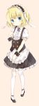  1girl animal_ears apron black_hairband black_skirt blonde_hair brown_background brown_footwear bunny_ears center_frills collared_shirt commentary_request fleur_de_lapin_uniform floppy_ears frilled_apron frilled_hairband frilled_skirt frills full_body gochuumon_wa_usagi_desu_ka? hairband hand_up highres kirima_sharo pleated_skirt puffy_short_sleeves puffy_sleeves shiraki_shiori shirt shoes short_sleeves simple_background skirt solo standing thighhighs uniform waist_apron waitress white_apron white_legwear white_shirt wrist_cuffs 