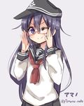  ;&gt; adjusting_eyewear akatsuki_(kantai_collection) amano_kouki anchor_symbol bespectacled flat_cap glasses hat highres kantai_collection long_hair long_sleeves one_eye_closed purple_eyes purple_hair red-framed_eyewear school_uniform semi-rimless_eyewear serafuku solo 