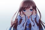  blue_eyes blush brown_hair closed_mouth eyelashes face gradient gradient_background hands_on_own_cheeks hands_on_own_face jewelry long_hair long_sleeves looking_at_viewer nail_polish necklace original pearl_necklace sakuyabm smile solo sweater upper_body 