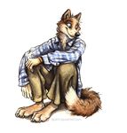  2015 anthro blue_eyes brown_fur canine claws clothed clothing dog fur husky kenket male mammal pants pawpads paws shirt simple_background sitting smile solo white_background white_fur 