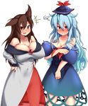 2girls :/ :d animal_ears bare_shoulders blue_hair blush bow breast_hold breasts brooch brown_hair cleavage collarbone commentary_request dress embarrassed fingernails full-face_blush hair_bow hands_on_hips hat highres huge_breasts imaizumi_kagerou jewelry kamishirasawa_keine long_hair long_sleeves looking_at_viewer multiple_girls navel open_mouth peso_(cheese_company) red_eyes ribbon see-through simple_background smile tail touhou white_background wide_sleeves wolf_ears wolf_tail 
