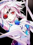 armpits blade blazblue bodysuit braid eyepatch juzu_(tace_clama_nt) looking_at_viewer nu-13 open_mouth red_eyes silver_hair solo 