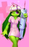  2015 abstract_background blush bottomless breasts clothed clothing cosplay elpatrixf eyelashes female flora_fauna freckles green_body green_hair green_skin hair half-dressed hat holly_(elpatrixf) long_eyelashes looking_at_viewer monster monster_girl nurse one_eye_closed plant purple_eyes small_breasts smile solo standing syringe white_sclera wink 
