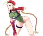  antenna_hair beret blonde_hair blue_eyes braid breasts cammy_white elbow_gloves fingerless_gloves gloves green_leotard hand_on_own_knee harness hat highleg highleg_leotard junka-sakura large_breasts leaning_forward leotard lips long_hair nose red_gloves solo street_fighter street_fighter_v thigh_strap twin_braids very_long_hair 