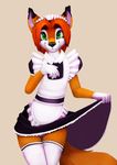  2015 ambiguous_gender anthro canine clothed clothing crossdressing cute dress fox fur green_eyes hair james_(jamesfoxbr) jamesfoxbr legwear looking_at_viewer maid maid_uniform male mammal simple_background smile solo standing stockings 