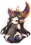  arm_behind_back arulumaya bare_shoulders black_hair black_legwear brown_eyes covered_navel crescent granblue_fantasy harvin hat leaning_back leotard long_hair mole mole_under_eye open_mouth pointy_ears seiza simple_background sitting smile solo thighhighs ukan_muri white_background 