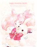  :&lt; artist_name bangs big_hair bishoujo_senshi_sailor_moon blush bow brooch chibi_usa closed_eyes cuddling dated double_bun english happy happy_birthday holding jewelry parted_bangs pink_hair red_bow signature smile solo stuffed_animal stuffed_bunny stuffed_toy taromako twintails 