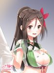  admiral_(kantai_collection) amagi_(kantai_collection) blush breasts brown_eyes brown_hair cleavage_cutout hair_between_eyes hand_on_own_chest hige_shinshi kantai_collection large_breasts looking_at_another midriff mole mole_under_eye open_mouth pulling serious simple_background solo tears upper_body 