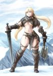  axe barbarian blonde_hair breasts commentary_request gloves greaves large_breasts long_hair mountain original snow solo sword tie_baihe weapon 