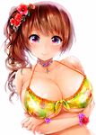  absurdres bikini blush breast_hold breasts brown_hair cleavage floral_print flower frilled_bikini frills front-tie_top hair_flower hair_ornament hibiscus highres huge_filesize jewelry koshika_rina large_breasts long_hair looking_at_viewer necklace original print_bikini purple_eyes scan side_ponytail simple_background smile solo strap_gap swimsuit white_background wrist_cuffs 