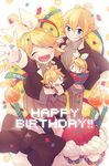 1girl asari_toko black_legwear blonde_hair blue_eyes blush bow brother_and_sister brown_skirt cake character_doll closed_eyes confetti food fruit hair_bow hair_ornament hairclip happy_birthday jacket kagamine_len kagamine_rin long_sleeves open_clothes open_jacket pants ponytail short_hair siblings skirt smile strawberry striped thighhighs twins vertical-striped_pants vertical_stripes vocaloid 
