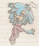  blue_fur cat cleavage clothed clothing ear_piercing english_text fan_character feline female fur mammal open_mouth orange_eyes piercing sonic_(series) text traditional_media_(artwork) yawn 