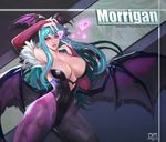  animal_print artstation_sample bare_shoulders bat_print bat_wings breasts bridal_gauntlets demon_girl elbow_gloves gloves green_hair head_wings heart highres image_sample large_breasts leotard long_hair morrigan_aensland pantyhose print_legwear smjim1986 solo succubus vampire_(game) wings 