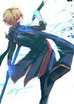  back_turned black_legwear blazblue blonde_hair blue_eyes drawing_sword gloves gurameri jacket_on_shoulders jin_kisaragi looking_at_viewer male_focus sheath solo sword unsheathing weapon white_gloves yukianesa 