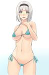  :d anna_nishikinomiya aqua_eyes arm_behind_back ass_visible_through_thighs bare_shoulders bikini blue_bikini bluefield blush breasts cleavage cowboy_shot gradient gradient_background groin hairband large_breasts looking_at_viewer midriff navel nose_blush open_mouth shimoneta_to_iu_gainen_ga_sonzai_shinai_taikutsu_na_sekai short_hair side-tie_bikini silver_hair smile solo standing swimsuit underboob 