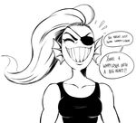  black_and_white breasts dialogue english_text eye_patch eyes_closed eyewear female fish hair marine modeseven monochrome monster ponytail smile solo speech_bubble text undertale undyne 