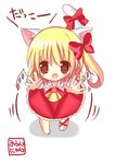  animal_ears bell blonde_hair blush_stickers bow cat_ears cat_tail chibi flandre_scarlet hair_bow hane. outstretched_hand red_eyes solo tail tail_bell touhou wings 