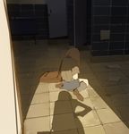  bag brown_hair dark door from_behind hand_on_hip highres long_hair multiple_girls original out_of_frame paper sad school_bag school_uniform shadow silhouette sitting sketch snatti solo_focus wariza 