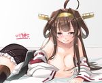  ahoge bare_shoulders boots breasts brown_hair cleavage detached_sleeves double_bun hairband headgear hige_shinshi it's_ok_to_touch japanese_clothes kantai_collection kongou_(kantai_collection) large_breasts long_hair looking_at_viewer lying miniskirt no_bra nontraditional_miko on_side skirt solo thigh_boots thighhighs 