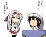  1girl :x admiral_(kantai_collection) bandaged_fingers bandages blush_stickers commentary desk goma_(gomasamune) hands_clasped hat headband japanese_clothes kantai_collection own_hands_together shoukaku_(kantai_collection) thighhighs translated uniform 