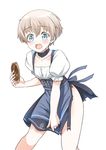  alternate_costume apron blue_apron blue_eyes covering covering_crotch dirndl dress food german_clothes kanabun kantai_collection open_mouth pretzel short_hair silver_hair solo torn_clothes waist_apron z1_leberecht_maass_(kantai_collection) 