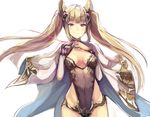  animal_ears blonde_hair breasts brown_eyes cape covered_navel cowboy_shot erune granblue_fantasy haik hair_ornament highres leotard long_hair long_sleeves looking_at_viewer metera_(granblue_fantasy) mole mole_under_mouth simple_background small_breasts smile solo twintails very_long_hair white_background 