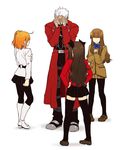  3girls ahoge archer black_bow black_hair blue_bow blue_neckwear boots bow bowtie brown_footwear brown_hair chaldea_uniform commentary covering_face dark_skin dark_skinned_male fate/extra fate/grand_order fate/stay_night fate_(series) fujimaru_ritsuka_(female) highres kishinami_hakuno_(female) knee_boots long_hair miniskirt multiple_girls odd_one_out orange_hair pantyhose ruchi school_uniform shoes side_ponytail skirt thighhighs toosaka_rin tsukumihara_academy_uniform_(fate/extra) two_side_up white_footwear white_hair zettai_ryouiki 