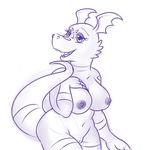  big_breasts black_and_white breasts digimon eyebrows eyelashes female guilmon lonbluewolf looking_at_viewer monochrome nipples nude open_mouth pussy scalie simple_background sketch smile solo teeth tongue 