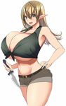  bare_shoulders blonde_hair breasts cleavage dagger elf gigantic_breasts green_eyes highres kloah long_hair looking_at_viewer midriff pointy_ears short_shorts shorts simple_background smile solo thighs underboob weapon white_background 